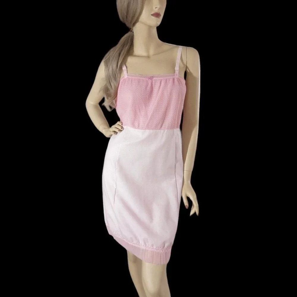Vintage 70s Pink Slip Dress XS Shirred Bodice Pleated Hem Balletcore Dress - Picture 2 of 8